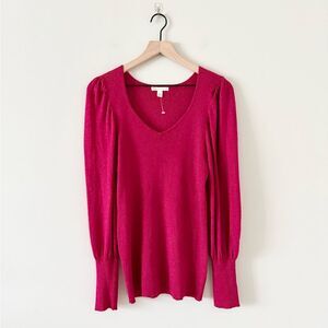 Cato Long Puff Sleeve V-neck Ribbed Knit in Raspberry Red Sparkle Size L